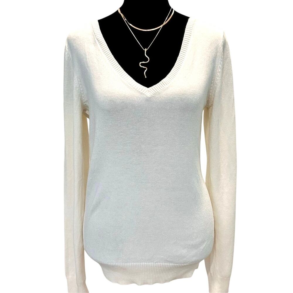 Abound V Neck Tunic Sweater Small Cream Lightweight Long Sleeve